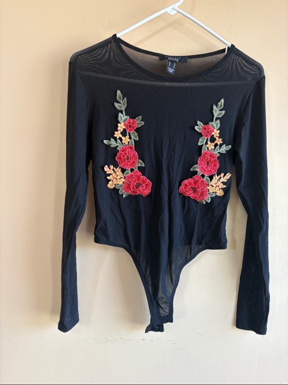 Black Floral Embroidered Long-Sleeve Bodysuit